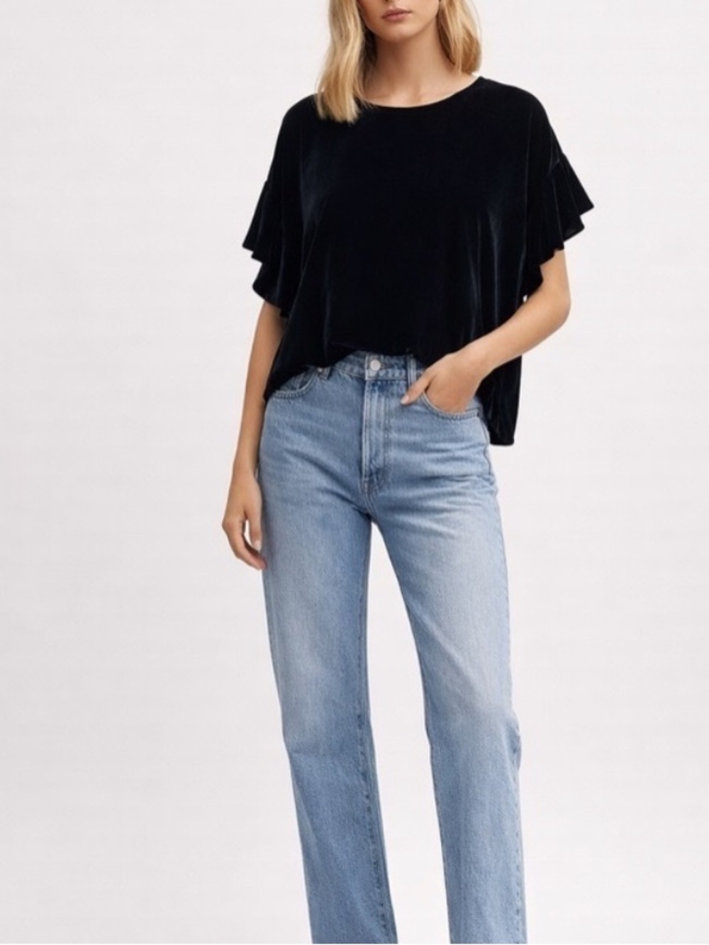 Adriano Goldschmied Black Velvet Ruffle Sleeved Top Size S